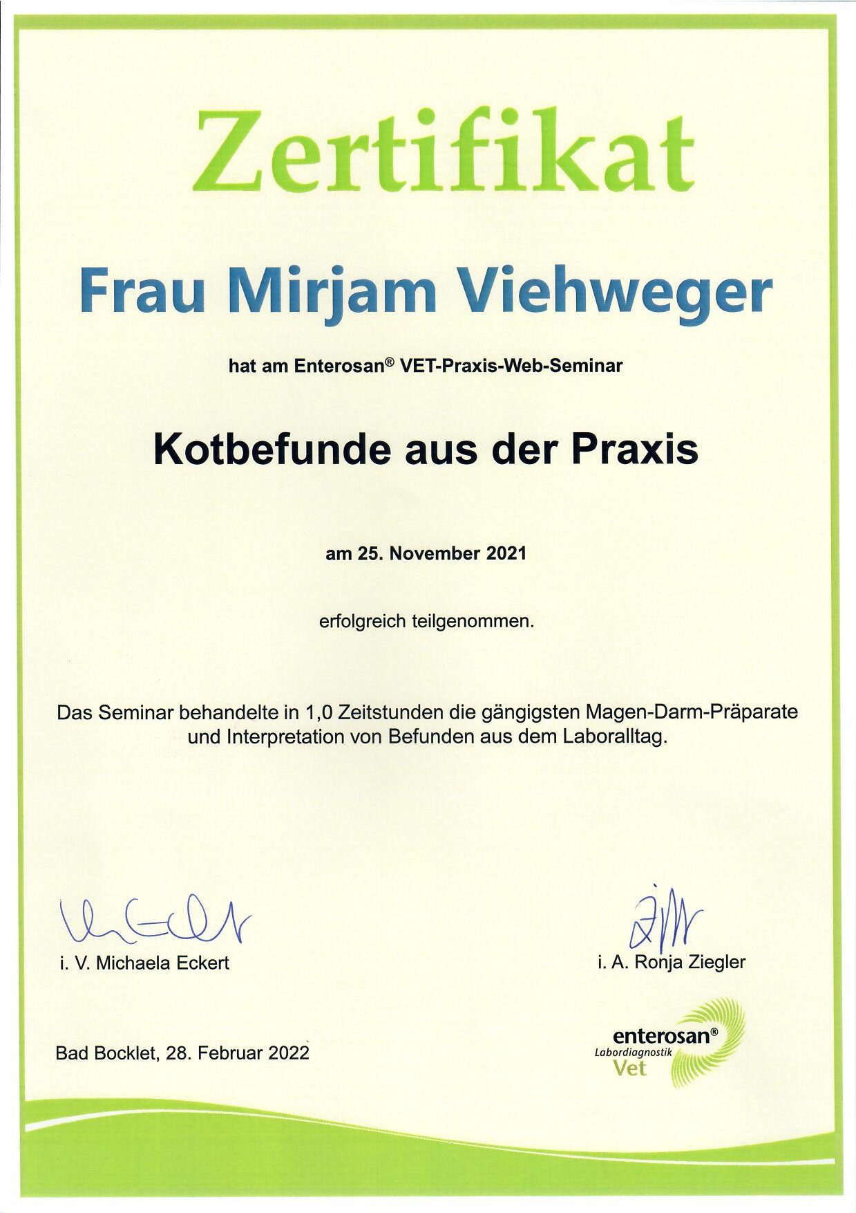 Zertifikat: Kotbefunde aus der Praxis
