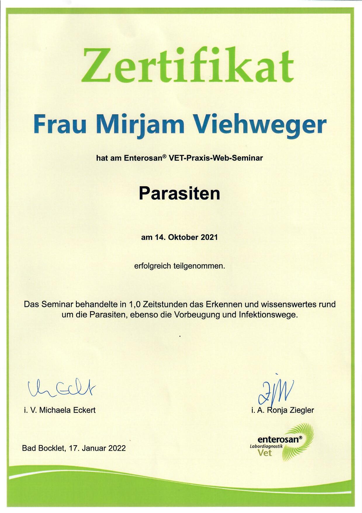 Zertifikat: Parasiten