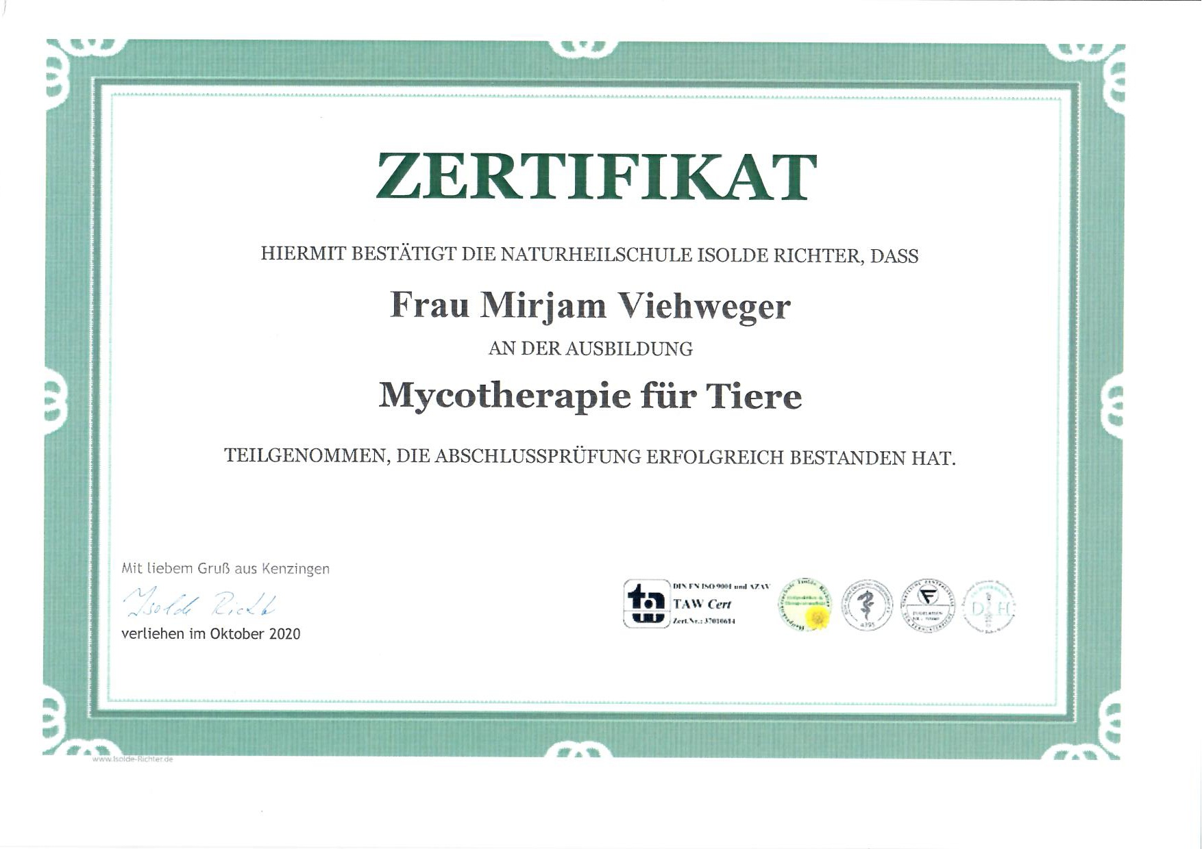 Zertifikat: Mycotherapie für Tiere