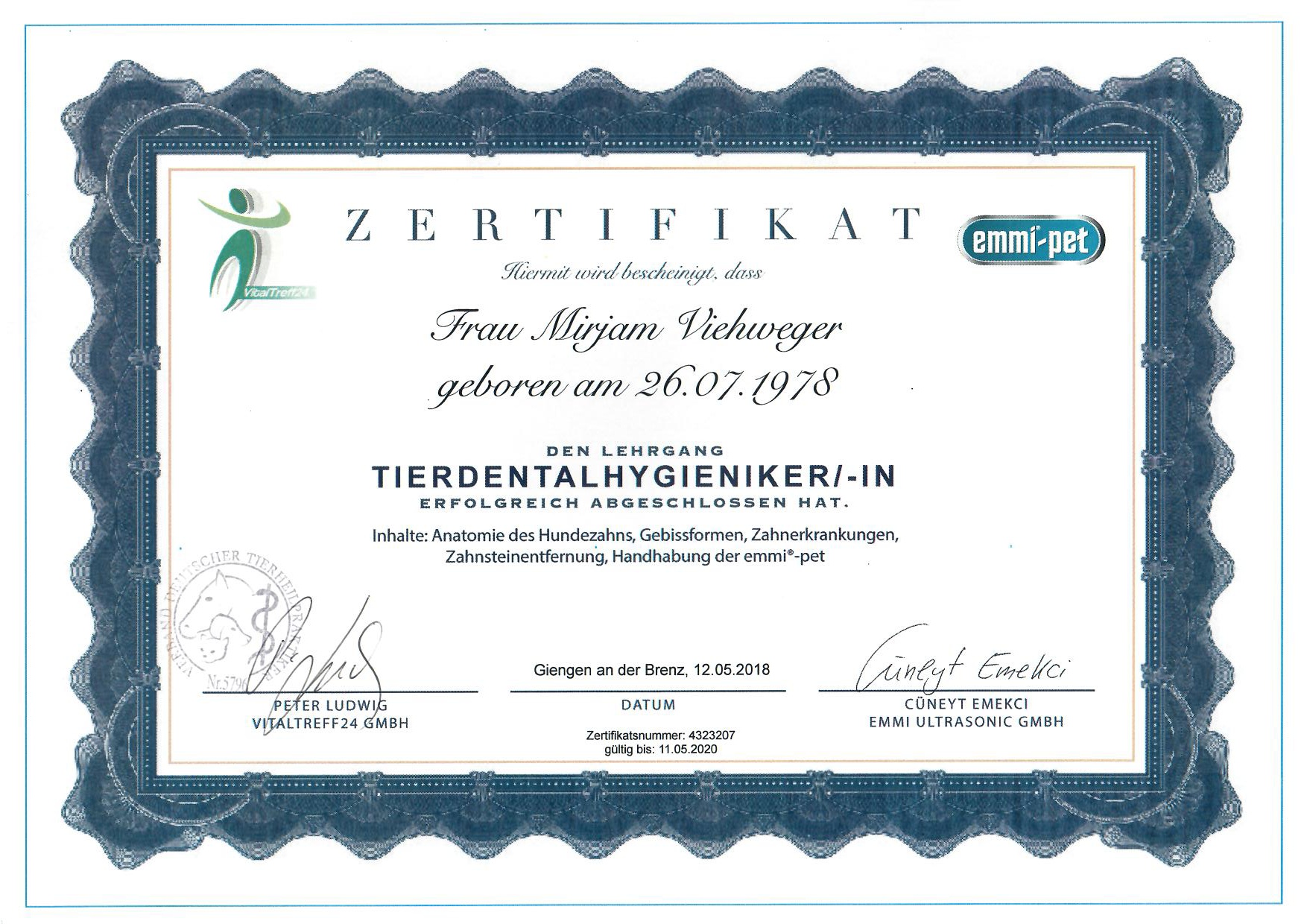 Zertifikat: Tierdentalhygienikerin