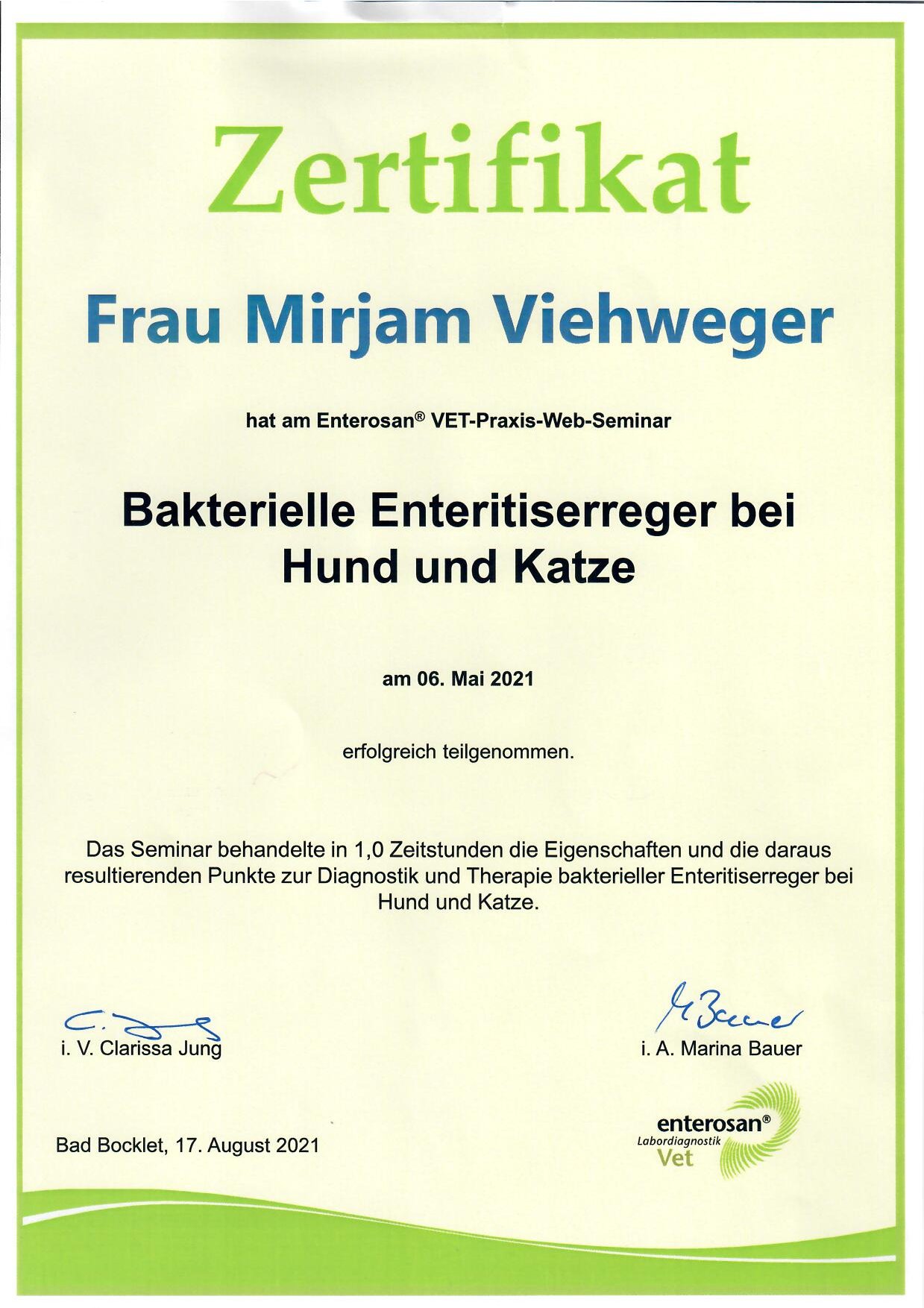 Zertifikat: Bakterielle Enteritiserreger bei Hund und Katze