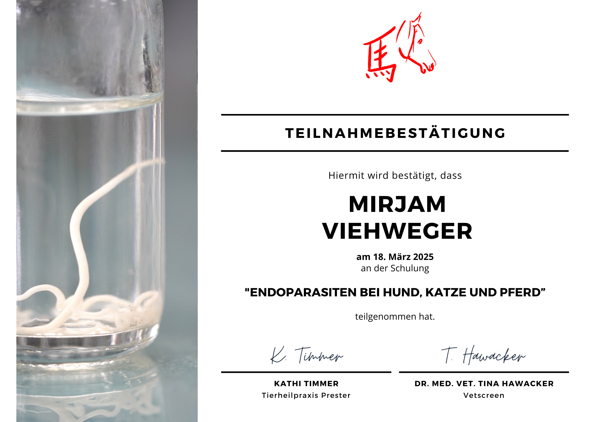 Zertifikat: Endoparasiten bei Hund, Katze und Pferd