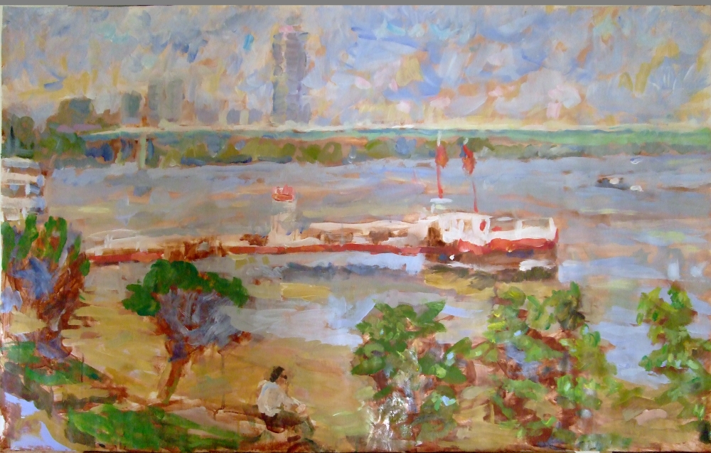 Rheinufer, Landungssteg, 110 x 100 cm, Öl, Acryl & Eitempera auf Papier, 2013