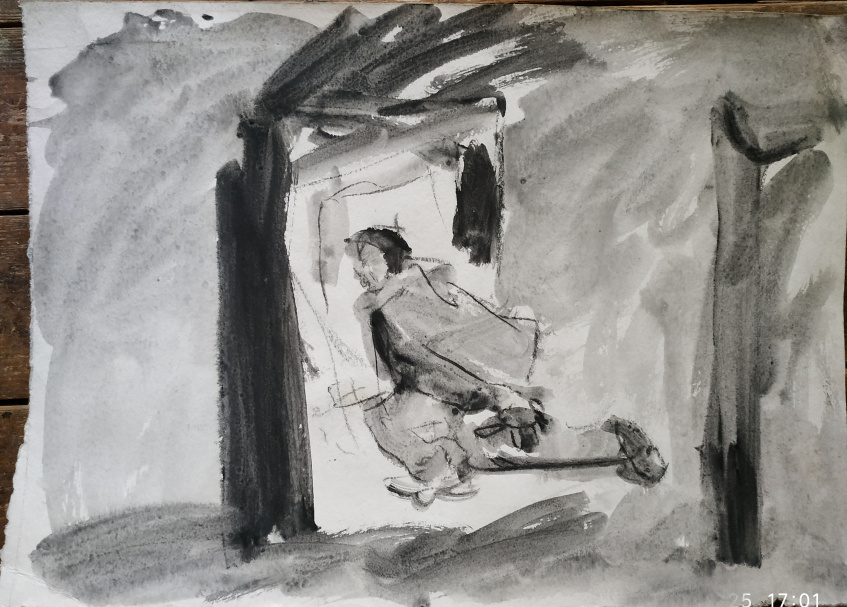 Mann rennt durch zwei Türen, Tusche auf Bütten, 1993