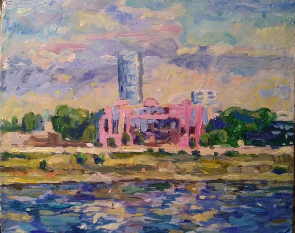 Deutzer Ufer, 40 x 30 cm, Acryl und Öl auf Holz, 2018