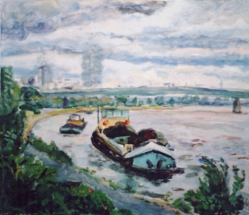 Lastschiff am Rheinufer, 30 x 20 cm, Eitempera auf Pappe, 1990