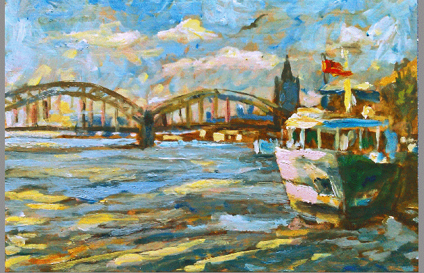 Rheinschiff, 35 x 25 cm, Eitempera auf Holz, 2016