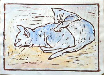 Zwei Katzen, Holzschnitt, 1985