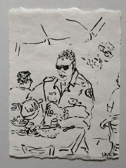 Polizist bei Kaffee, Tusche auf Bütten, 2001