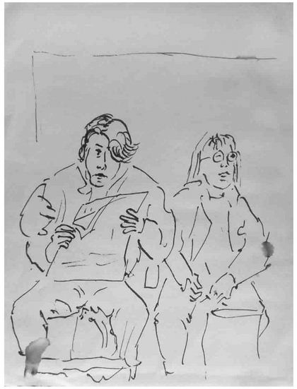 Reisende in der Bahnhofswartehalle, Tuschestift, 1992