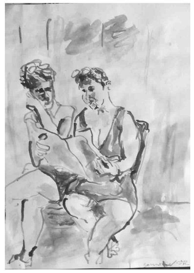Zwei Frauen mit Zeitung, Tusche auf Papier, 2010