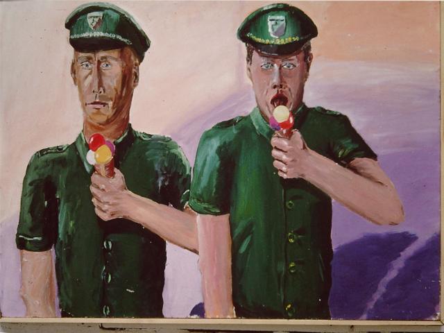 Zwei Polizisten beim Eis, Acryl auf Hartfaser, 100x120cm, 1983