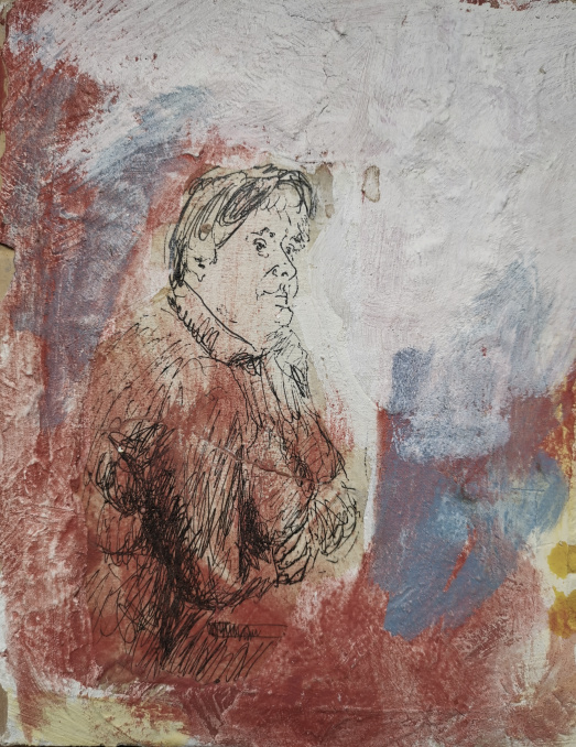 Frau im Restaurant, Tusche, Öl auf Holz, 2006