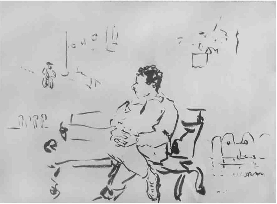 Auf der Bank, Tusche auf Papier, 2002
