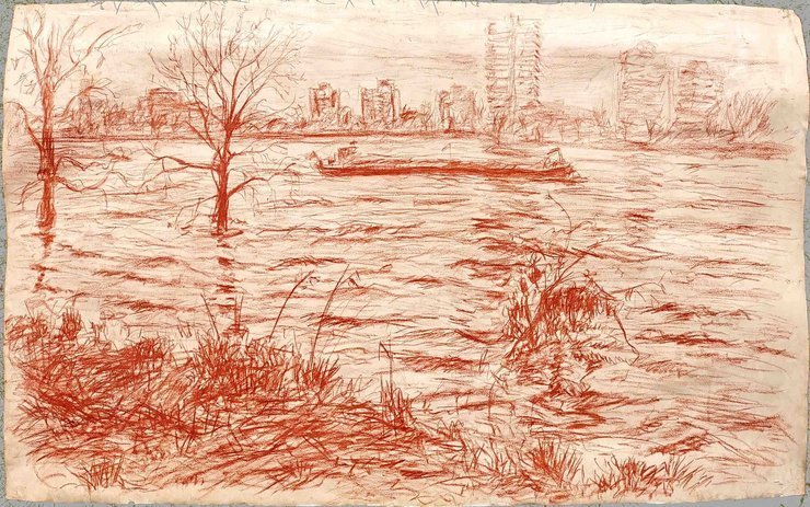 Rheinhochwasser, 140 x 100cm, Rötel auf Papier, 1988