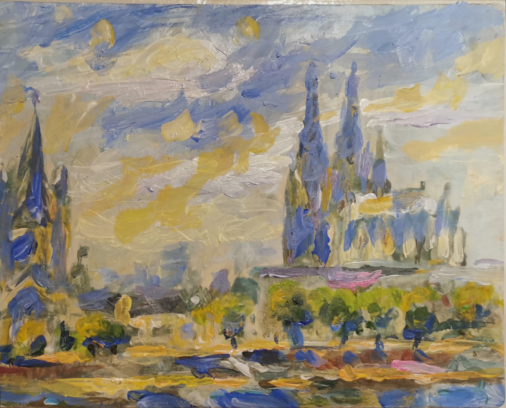 Rheinufer, 25 x 32 cm, Eitempera / Öl auf Gips 2021
