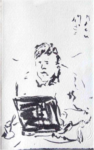 Mann mit Klapprechner, Tuschze auf Papier, 2013