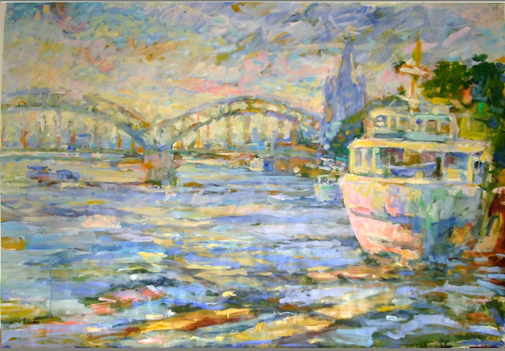 Rheinschiff, Hohenzollernbrücke, 120 x 100 cm,  Öl & Acryl auf Papier, 2013,