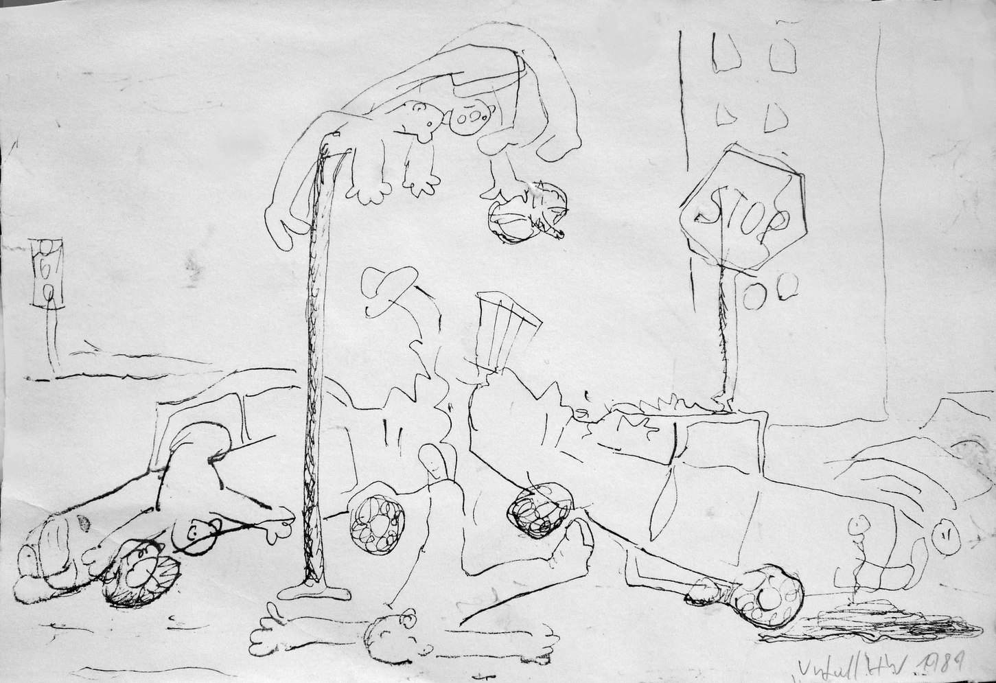 Unfall, Feder auf Papier, 1989