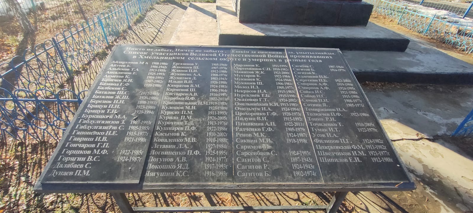Мемориальная доска с именами погибших в ВОВ 1941-1945 г.г. у обелиска  с. Хмельницкое  2023 год