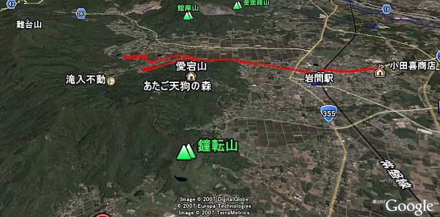 小田喜商店からホタルの里へ（赤線）。2007年5月26日　google earth より　GPXlogger　で記録。