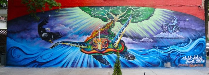 Mura by Shalak Attack & Aishaa (2011) Dedicated to the Ancestral legends that unite us from South to North, and East to West. Telling the story of the Turtle as Mother Earth and from her back grows the Tree that unites sky women and the ocean.