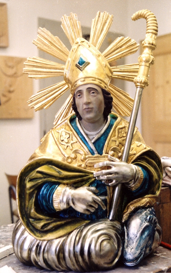 Heiliger Benno - Reproduktion nach einem Foto einer verloren gegangenen Kirchenfigur aus einer Heiligengruppe - Lindenholz, gefasst, 80 cm