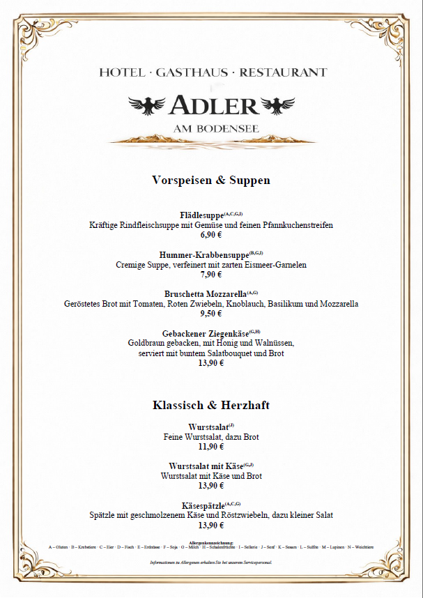 Speisekarte Suppe und Salate