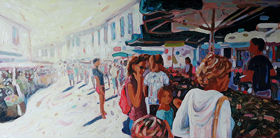 Marché des Portes en Ré, acrylique sur toile, vendu