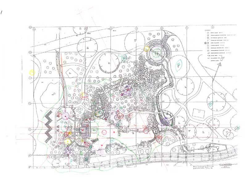 Japanischer Garten Wallringpark Hamburg. Oben Links: Landschaftsstruktur. Oben rechts: Gestaltungselemente. Abbildung Unten: Geomantie und Feng Shui Untersuchungen von Florian Grimm.  Professor Araki ist ein Meister seines Faches.