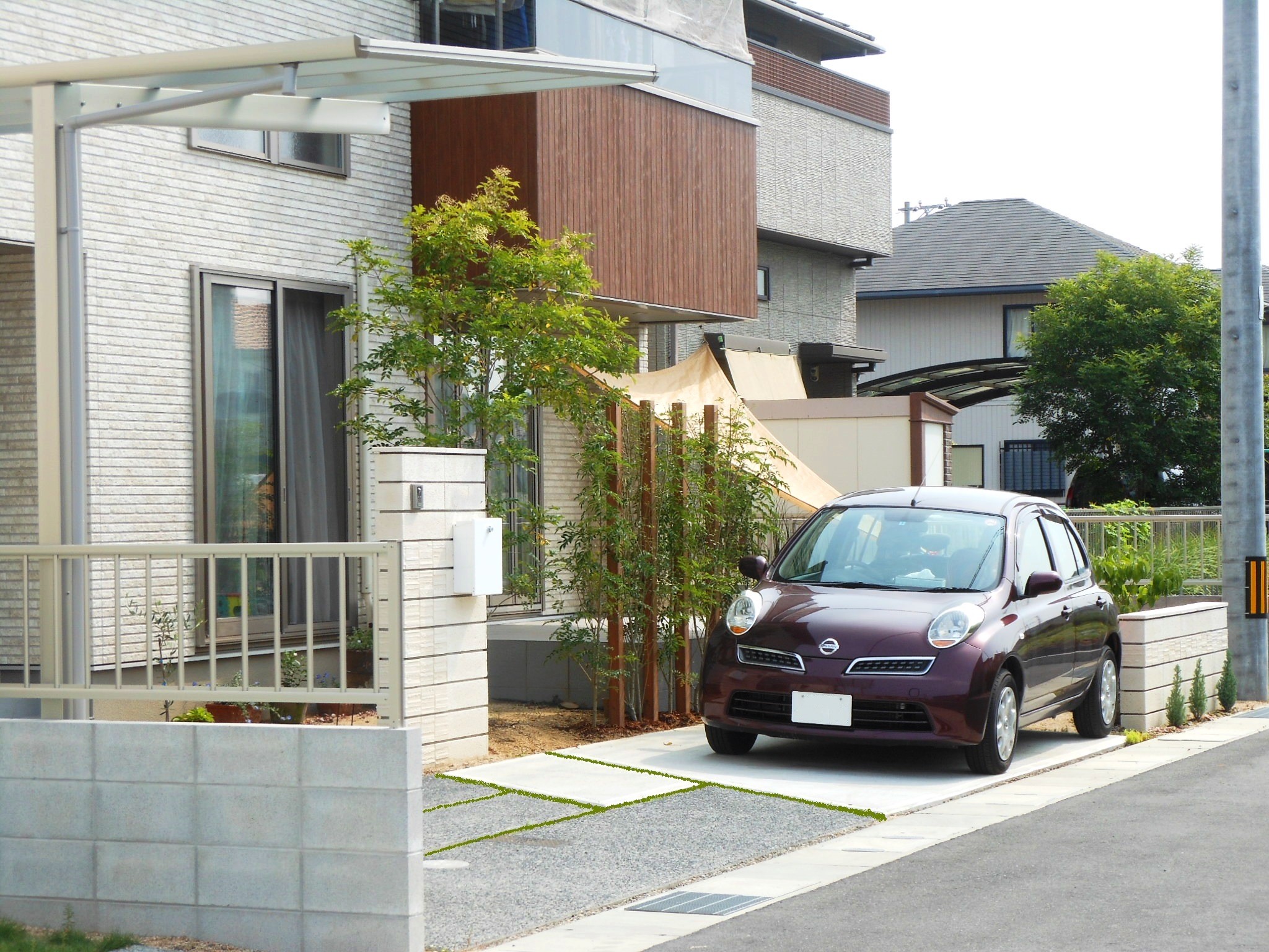 外構　エクステリア　カーポート　庭　ブロック塀　洗出し　タイル　倉敷市　