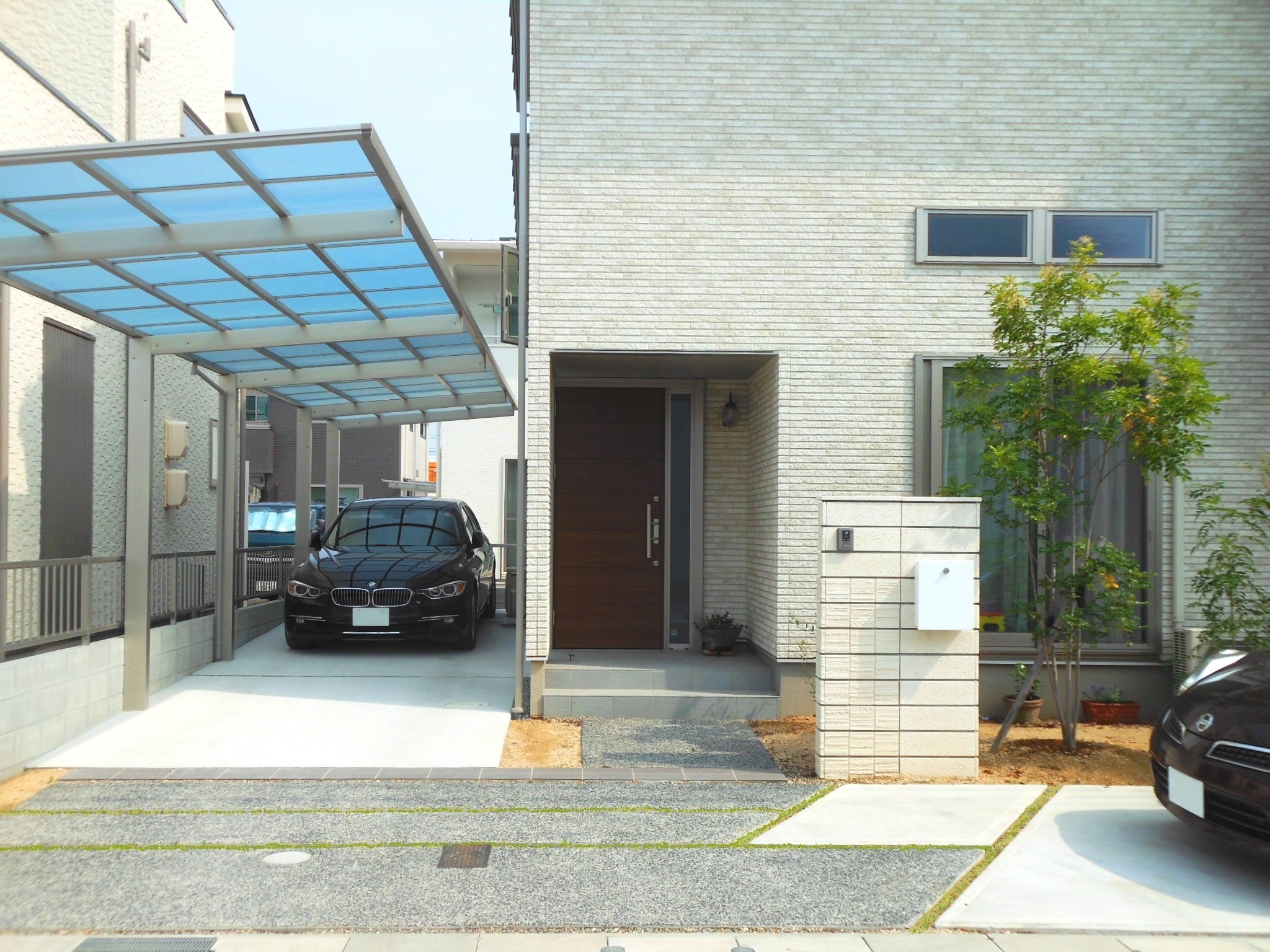 外構　エクステリア　カーポート　庭　ブロック塀　洗出し　タイル　倉敷市　