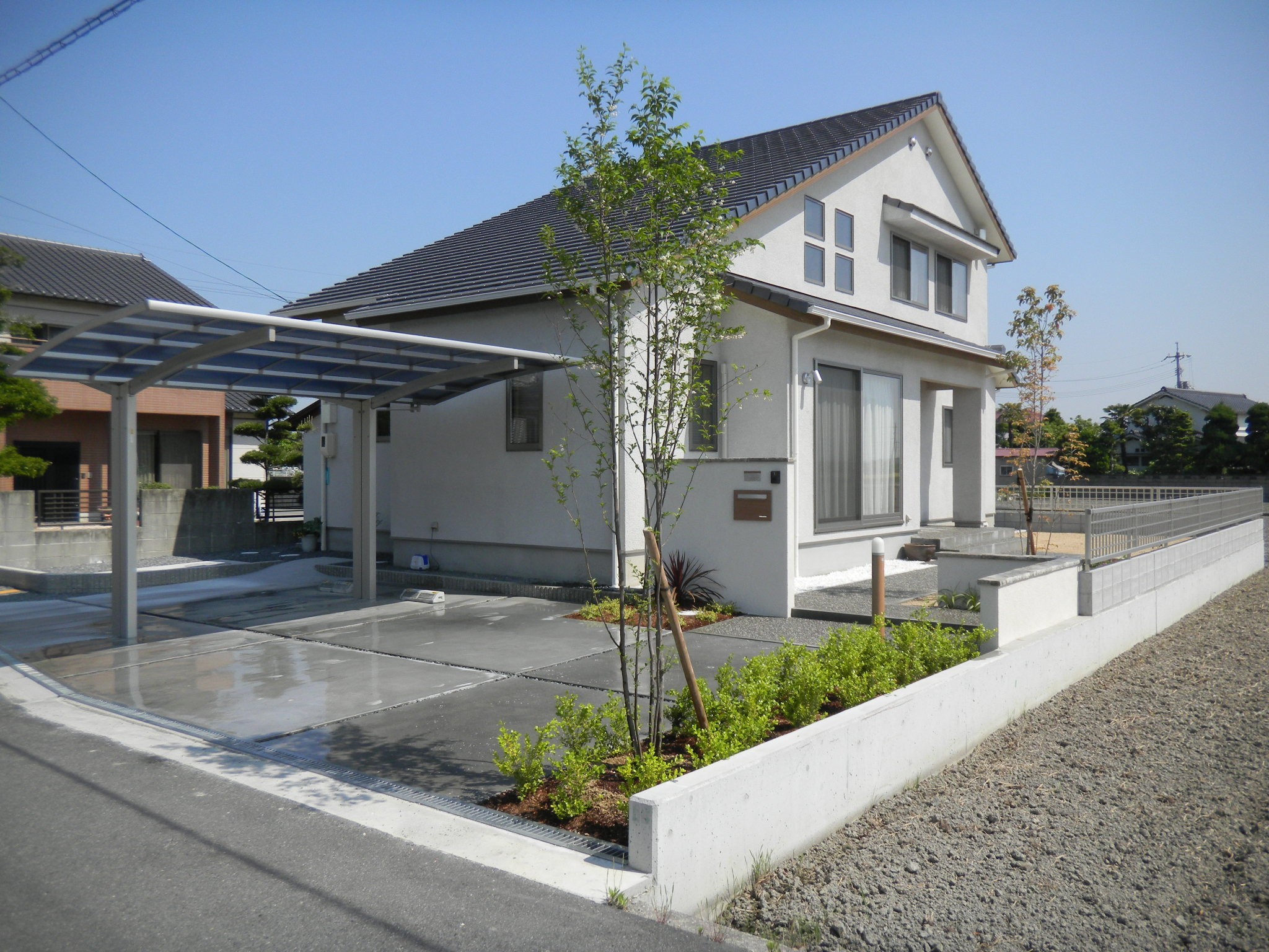 外構　エクステリア　カーポート　ブロック塀　洗出し　岡山市