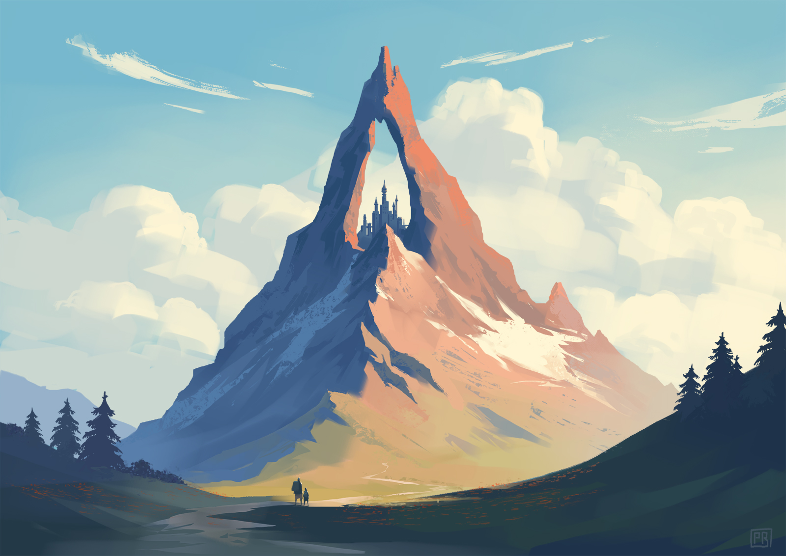 Mystical Castle – Fantasy Concept Art von Peter Bartels – in schattigem Tal, Wanderer mit Kind, vor ihnen riesiger warm geleuchteter Berg, Bergspitze hat ein Loch durch das man Himmel sieht und darin befindet sich ein Schloss