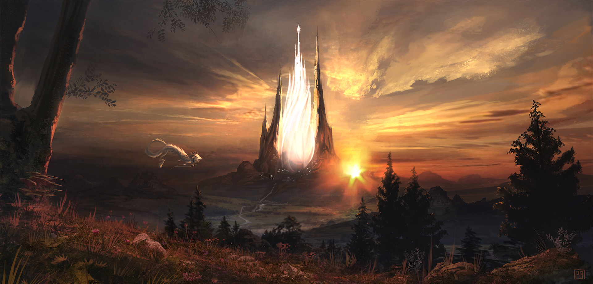 The Ivory Tower – Fantasy Concept Art von Peter Bartels – der Elfenbeinturm von "Die unendliche Geschichte" Atreju reitet auf Fuchur in Richtung Elfenbeinturm, zeitgemäße Neuinterpretaion des Originals