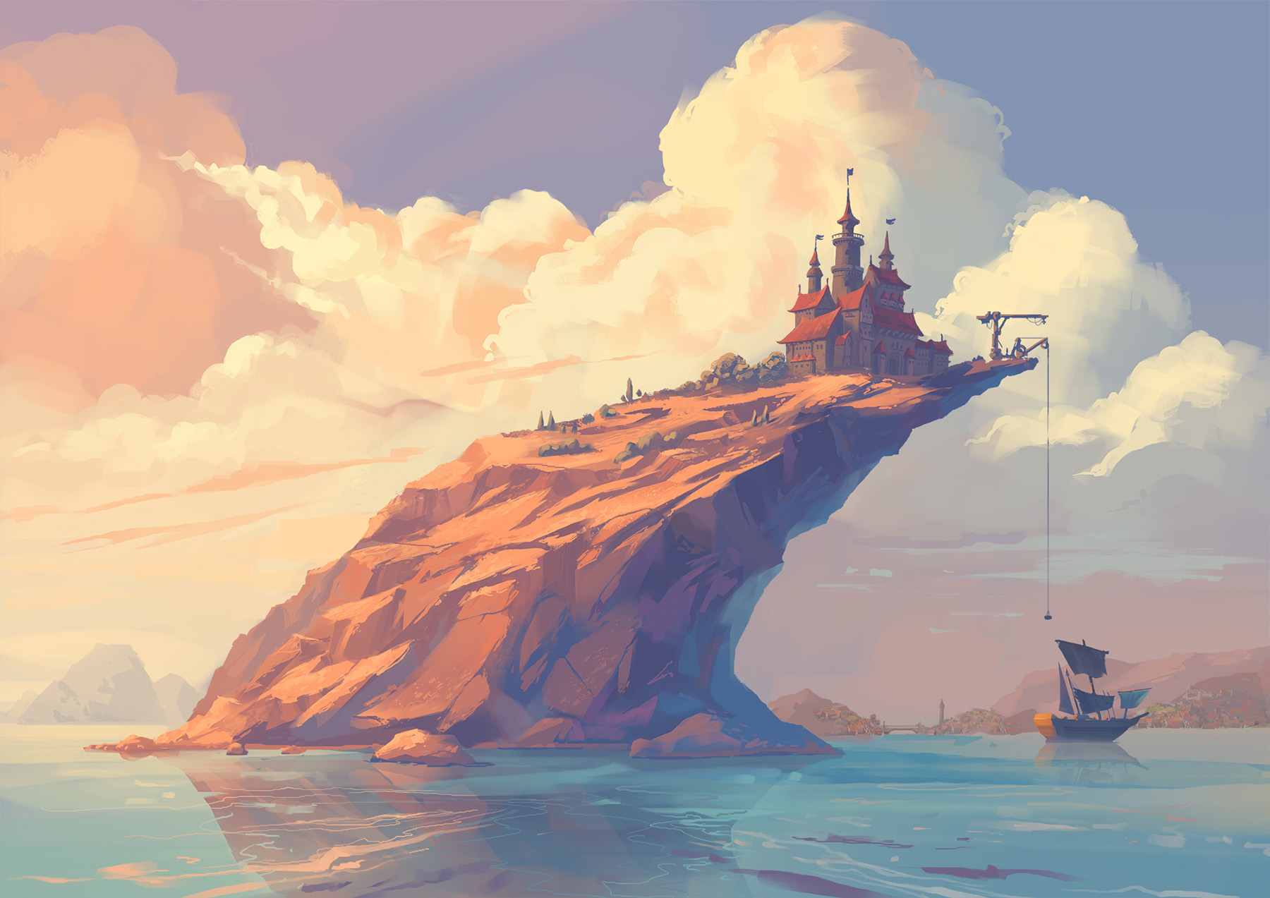 Castle on Mountain-Wave – Fantasy Concept Art von Peter Bartels – riesiger Felsen geformt wie eine Welle ragt aus dem Meer in Küstennähe, Schloss steht an der Spitze des Berges, darunter wird mit einem Kran ein Segelschiff entladen
