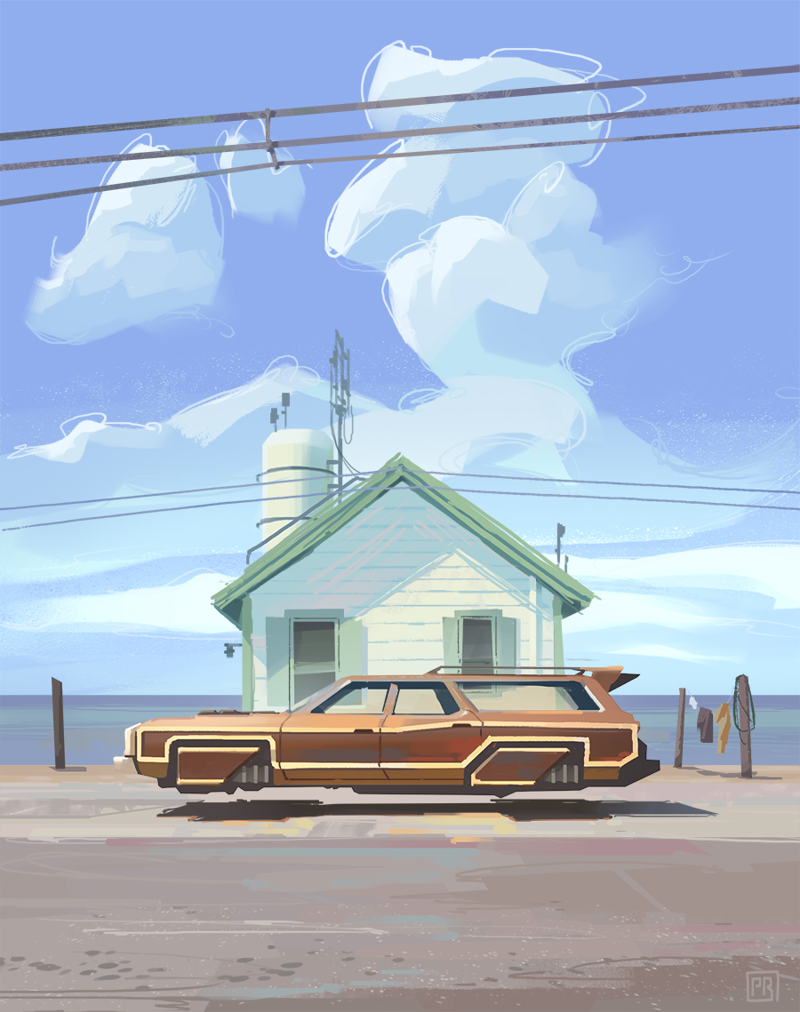 Retro Future Hovercar – Vehicle Concept Art von Peter Bartels – schwebendes Auto, 1987 ford crown station wagon, retro future hovercar vor kleinem Strandhaus, kalifornische Küste, california