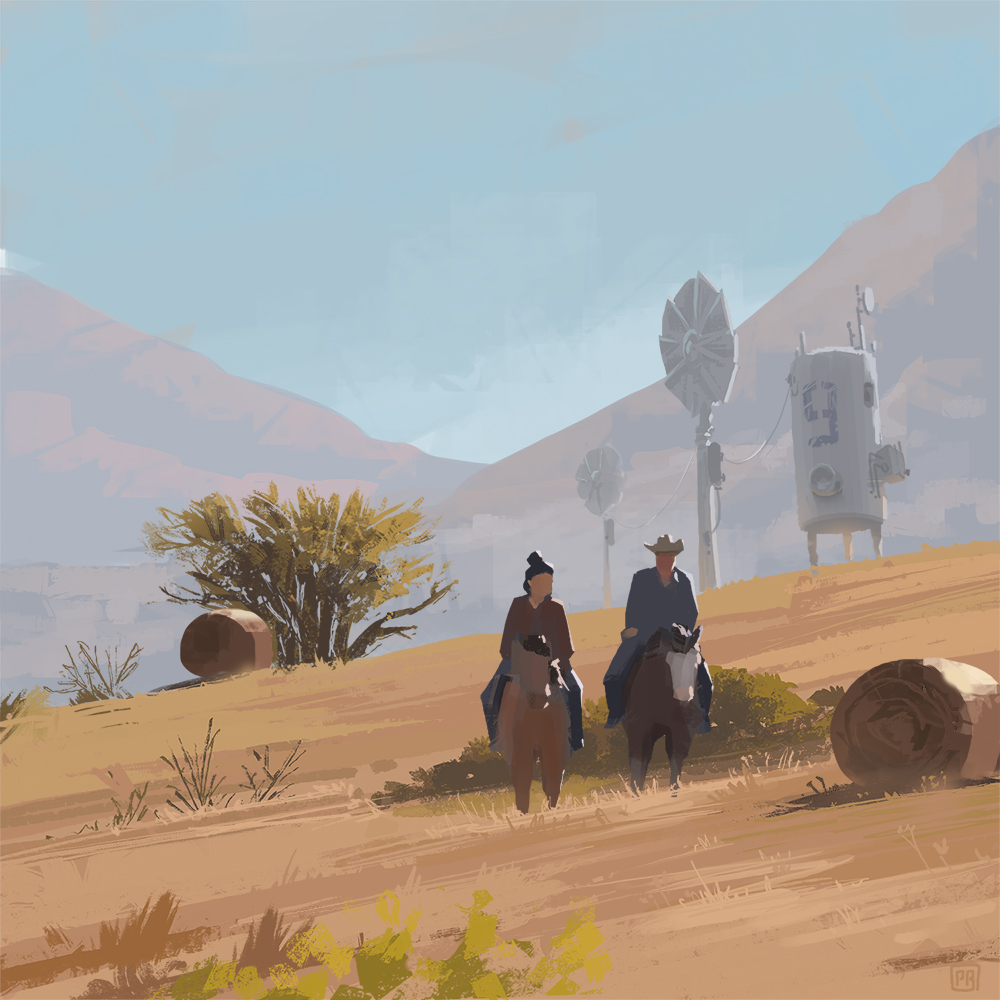 Sci-Fi Environment – Concept Art von Peter Bartels – Cowboy und Cowgirl reiten gemütlich auf Kamera zu, Steppenlandschaft, sehr sonnig, diverse größere Sci-Fi Objekte im Hintergrund, warmes  Licht