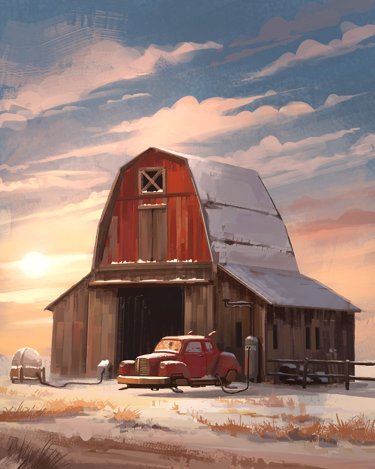 Retro Future Hovercar – Vehicle Concept Art von Peter Bartels – schwebendes, rotes Auto, 50er Jahre Stil, vor alter amerikanischer Scheune, Winterlandschaft mit Sonnenaufgang