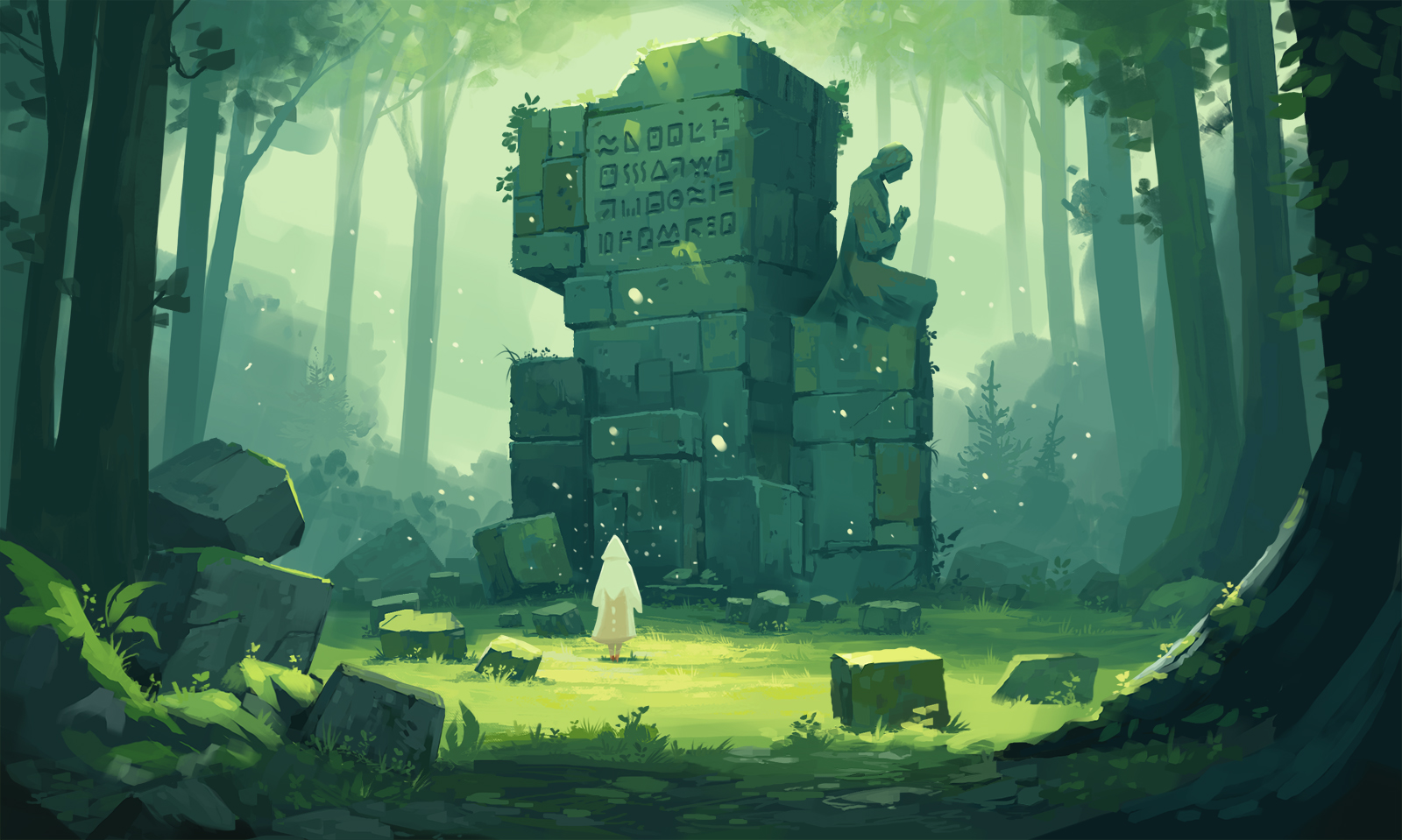 Holy Place – Fantasy Concept Art von Peter Bartels – Wald, grüne Lichtung, ein Mensch in weißem Gewand mit Kapuze vor quadratischen, gestapelten Felsblöcken mit Schriftzeichen, an der Seite der Felsblöcke befindet sich eine kniende, betende Statue