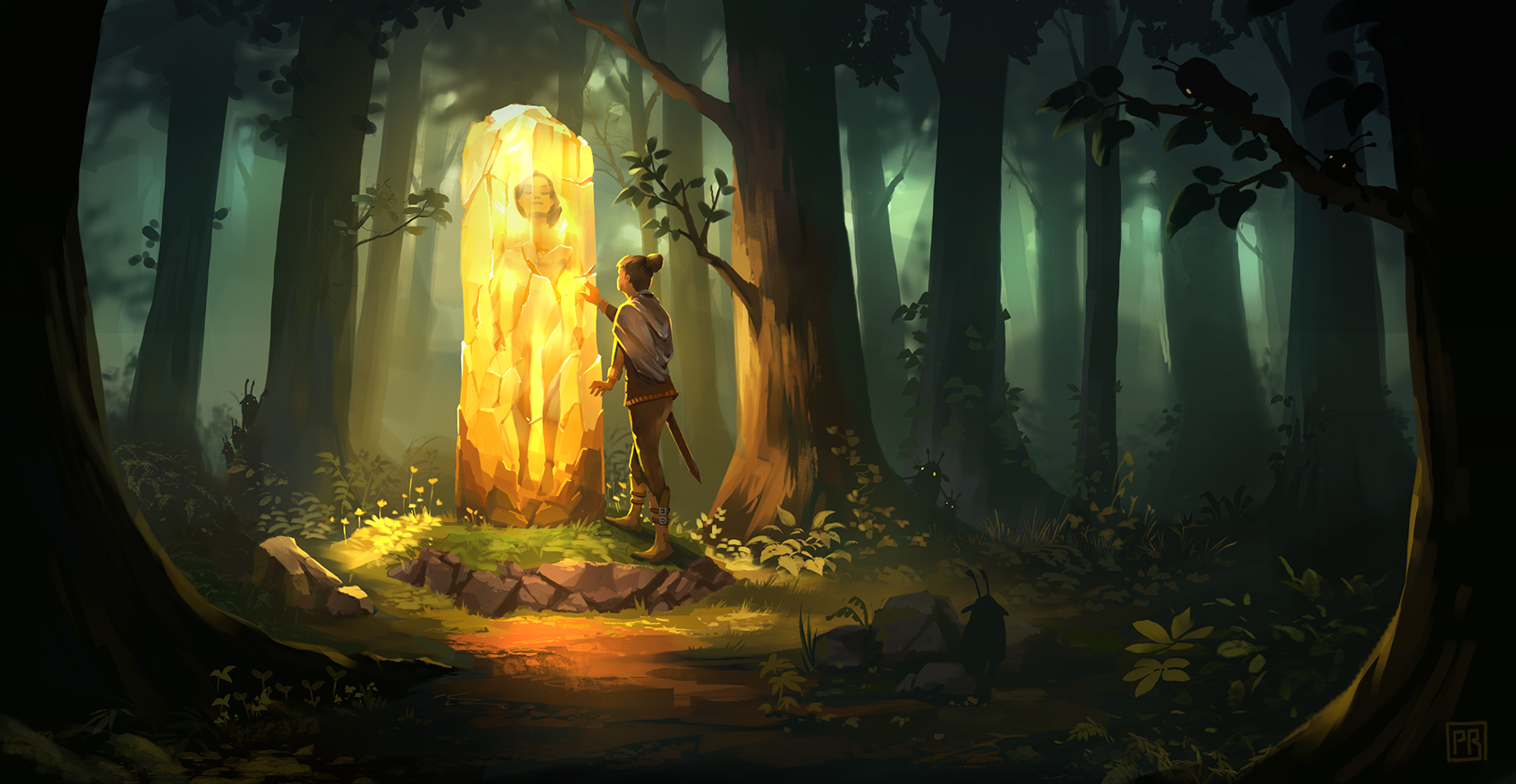 The Huntress and the King – Fantasy Concept Art von Peter Bartels – stimmungsvoll mystische Waldszene mit jungem Prinzen in leuchtendem Bernstein eingeschlossen, Jägerin steht davor und berührt sanft den Berstein