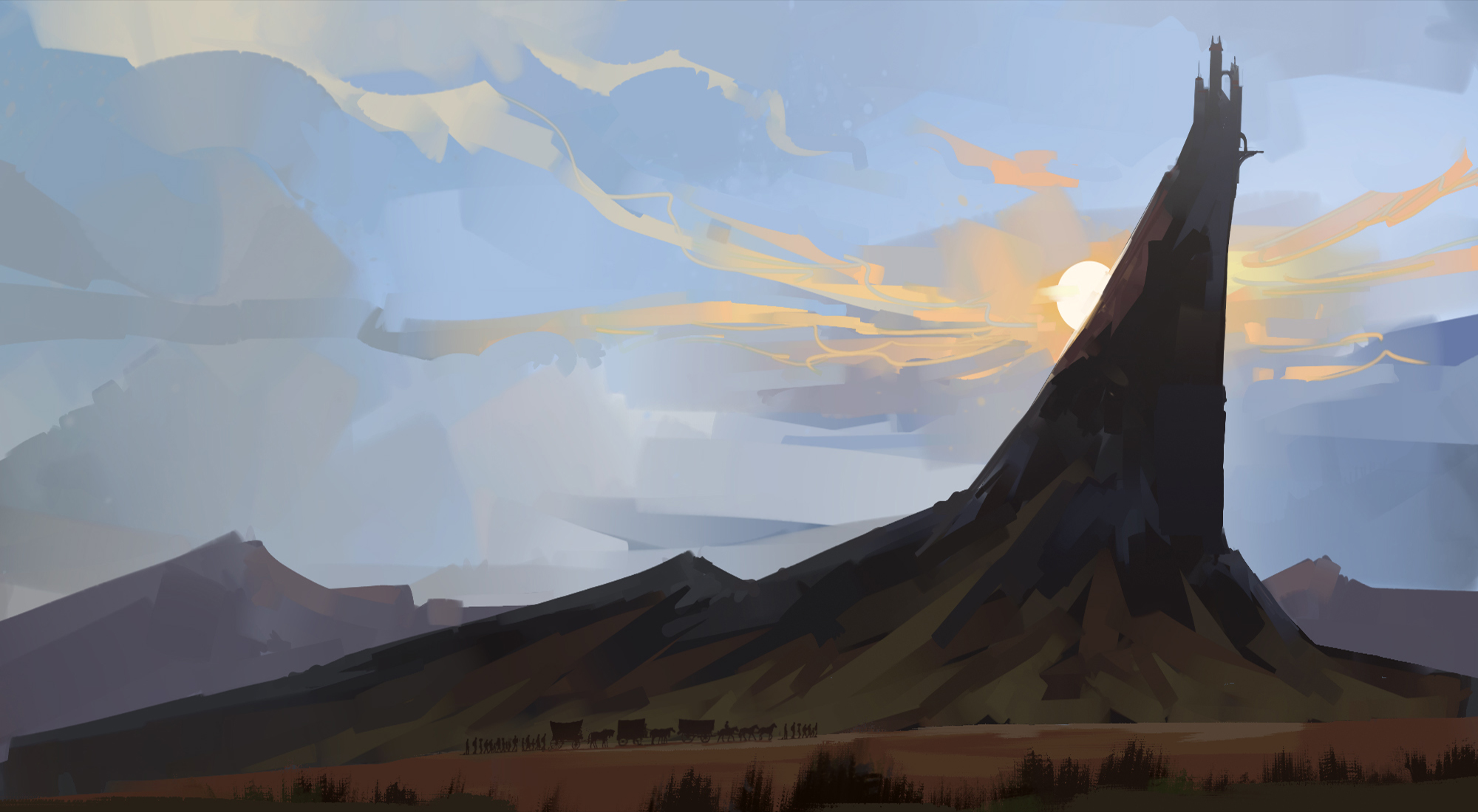 Castle on Mountain – Fantasy Concept Art von Peter Bartels – auf ungewöhnlich hohem und schmalem Berg steht ein Schloss im Gegenlicht eines warmen Sonnenuntergangs, im Vordergrund zieht ein Tross mit Pferden und Kutschen