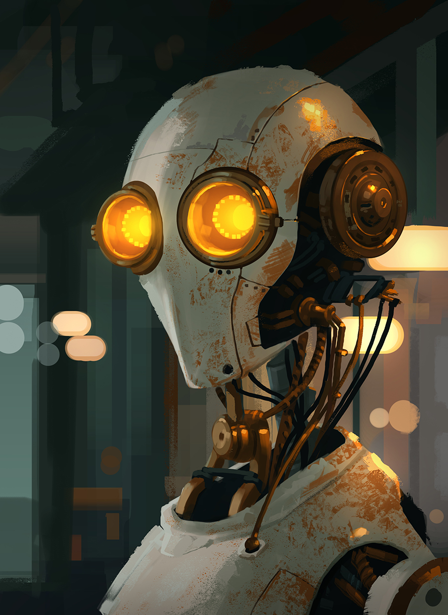 Retro Future Robot – Concept Art von Peter Bartels – humanoider Roboter, Portrair, leuchtende runde Augen, weiße Halbschale als Gesicht, runde Mechanik beim Ohr, offene mechanische Wirbelsäule