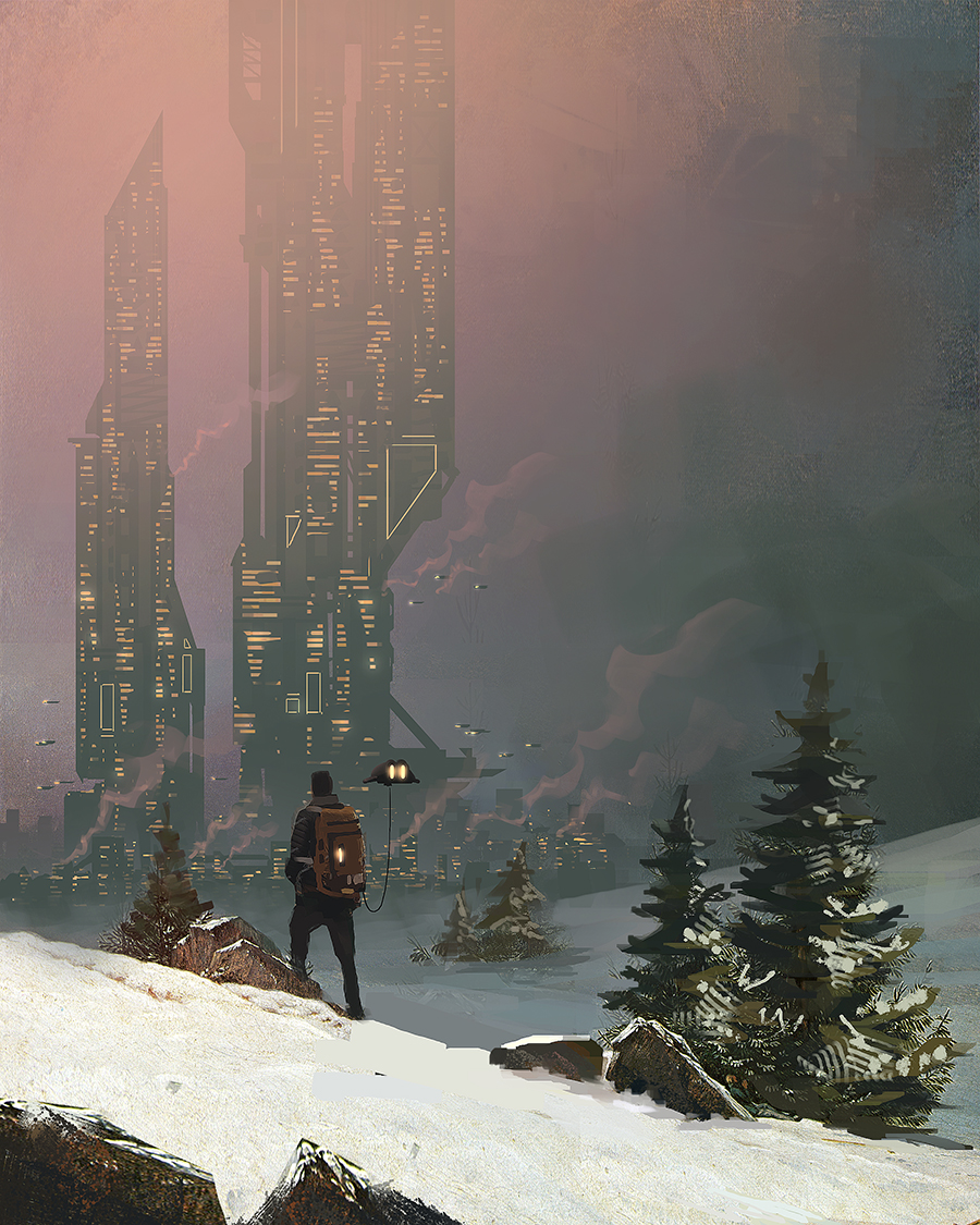 Sci-Fi Environment – Concept Art von Peter Bartels – Kasper David Friedrich im Sci-Fi Style, riesige Wolkenkratzer wie bei Bladerunner am Horizont, blau-rosa Dunst umgiebt die Stadt, Wanderer schaut Ruchtung Horizont, wird von Mini-Drohne begleitet
