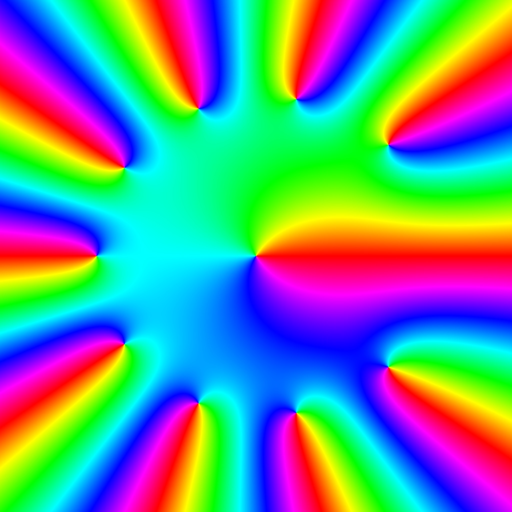 Phase Plot f(z)=nsum nz^n, n=10, B=[-1.2, 1.2]x[-1.2, 1.2], Typ=0