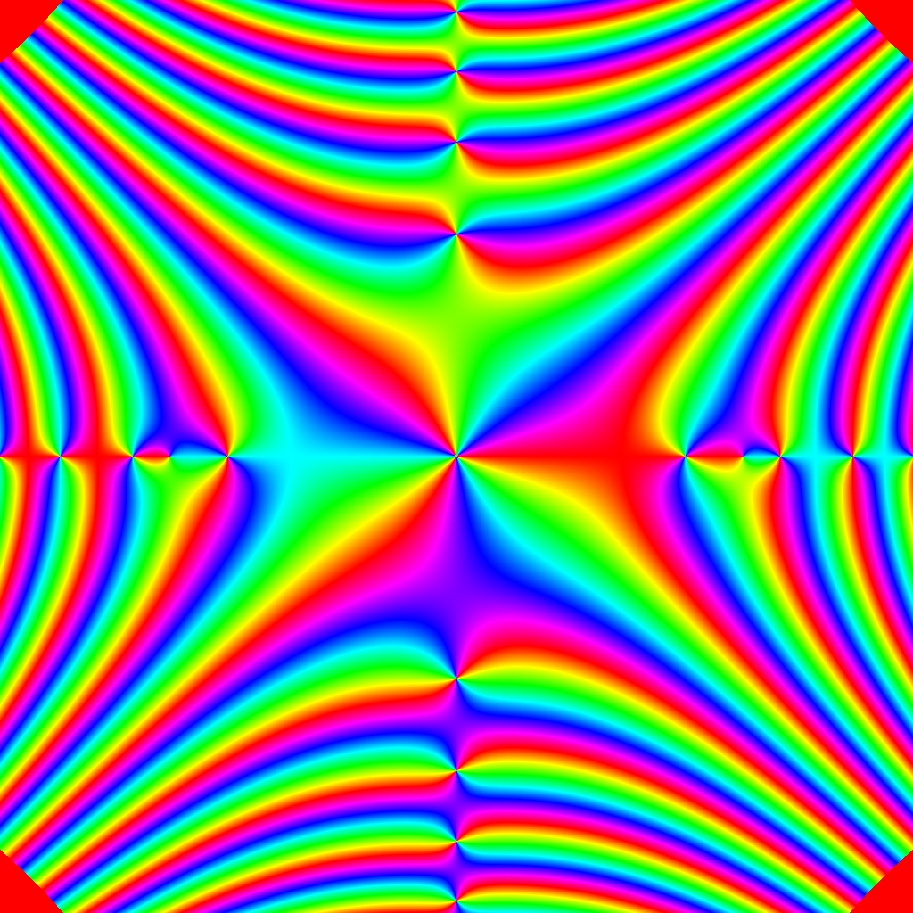 Phase Plot, f(z)=sin(z) / (1-cos(z²)), Typ=0, B=[-5, 5]x[-5, 5]