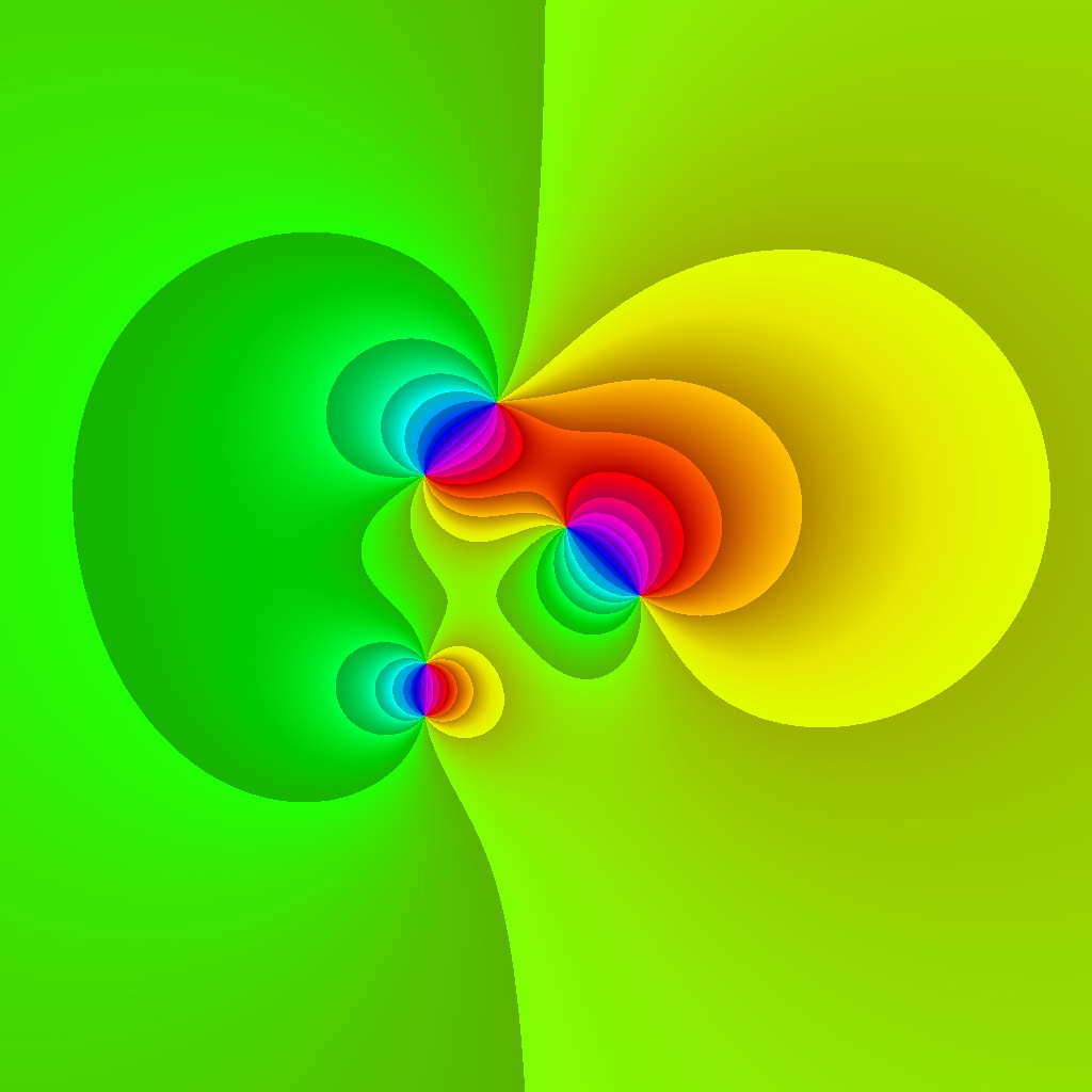 Phase Plot, f(z)=(z^2-i)(z•i+2) / (z^3-3), Typ=1, B=[-5, 6]x[-6, 5]