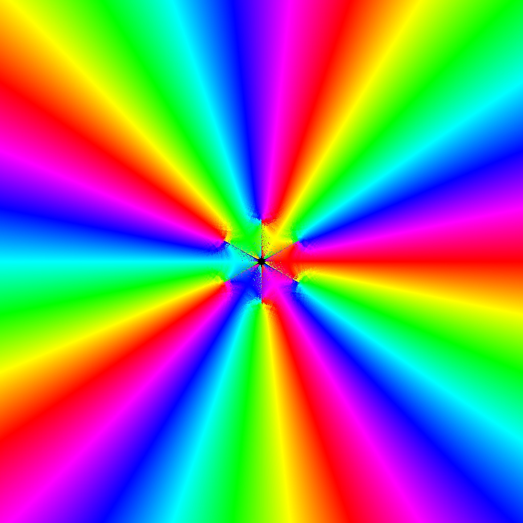 Phase Plot, f(z)=sin(z) div (1-cos(z³)), Typ=0, B=[-0.5, 0.5]x[-0.5, 0.5]