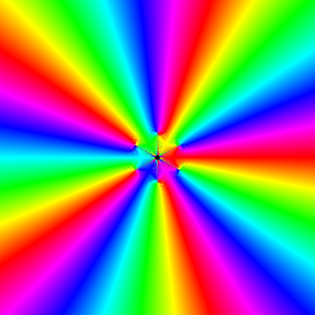 Phase Plot, f(z)=sin(z) div (1-cos(z³)), Typ=0, B=[-0.5, 0.5]x[-0.5, 0.5]