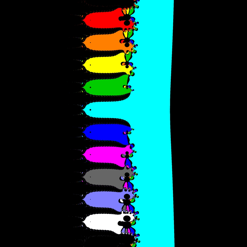 Basins of Attraction exp(z)-1=0 Sekanten-Verfahren, z<sub>1</sub>=(10, 0), B=[-24, 32]x[-33, 33]